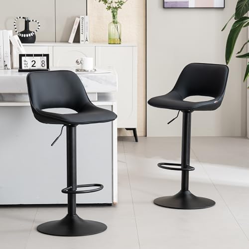 YOUNIKE Set of 2 Black Modern Swivel Bar Stools - Adjustable Faux Leather Counter Height Stools for Kitchen Island