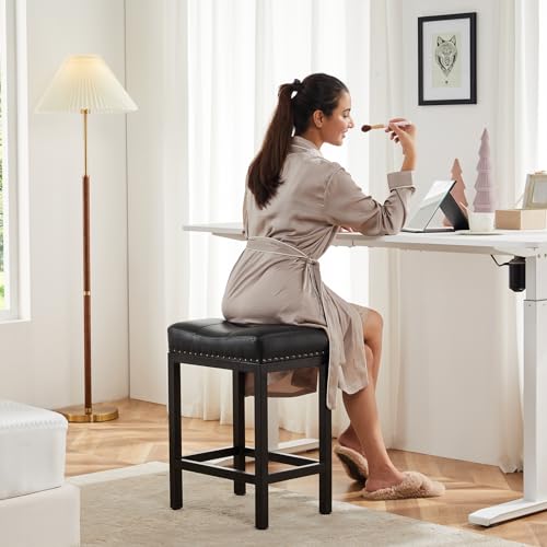 Set of 2 24 inch Upholstered Modern Kitchen Barstools with Metal Base for Kitchen Island in Black
