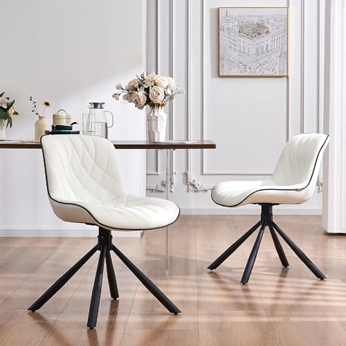 Set of 2 LZ ADVENTURES V Mid-Century Modern Upholstered Dining Chairs with Metal Legs, White Faux Leather