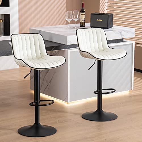 LZ ADVENTURES V Modern Adjustable White Bar Stools with Backs - Mid Century PU Leather Kitchen Island