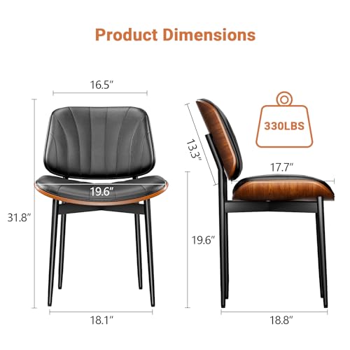 Set of 2 Mid-Century Modern Dining Chairs with Walnut Legs - Black PU Leather Upholstery