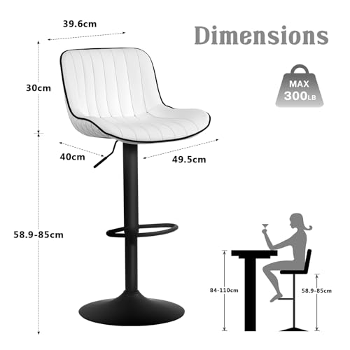 Modern Adjustable White Bar Stool Set of 2 with Backs for Kitchen Island
