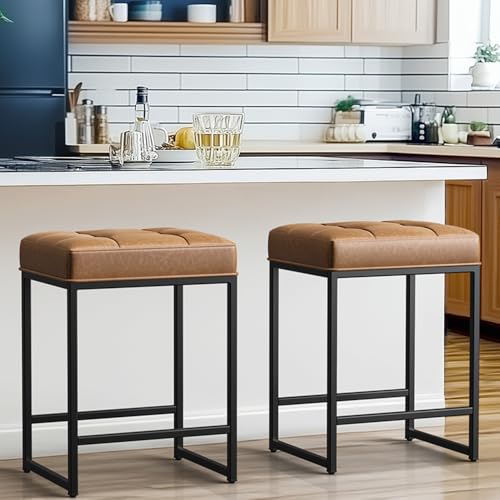 LZ ADVENTURES V Brown Backless 24-Inch Faux Leather Bar Stools for Kitchen Island