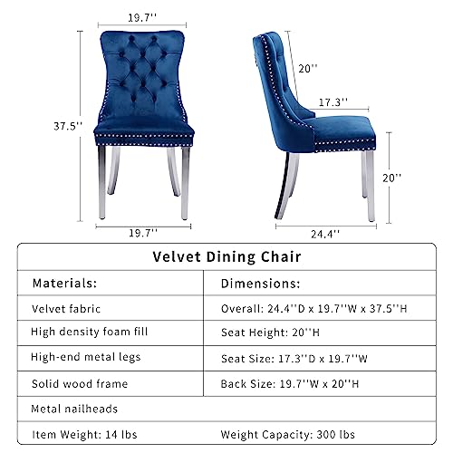 Set of 2 Blue Velvet Dining Chairs with Chrome Legs